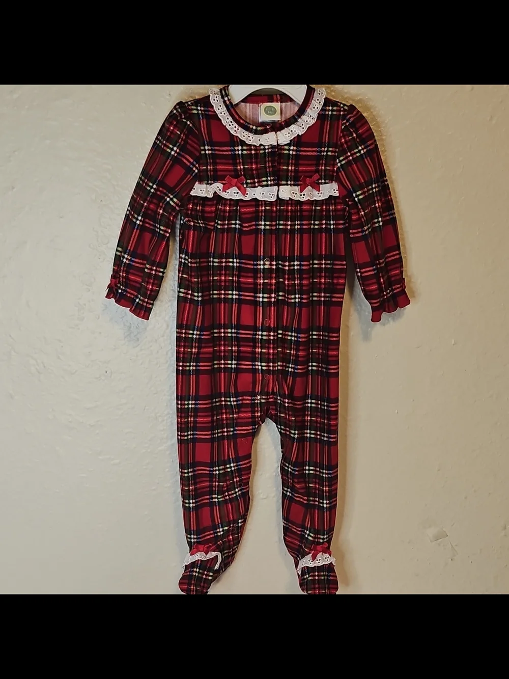 Little Me Girls 9M Plaid Flannel Cotton Footed One-Piece Sleeper Lace Bow